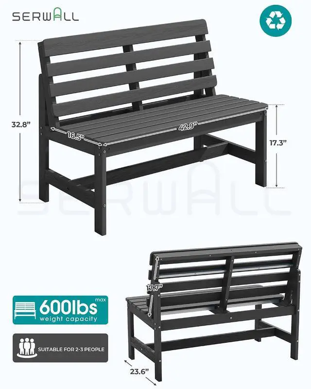 Alt view image 3 of 7 - Outdoor Bench, All Weather HDPE Outdoor Benches, 2-Person Armless Porch Bench with 600 lbs Weight Capacity, Patio Benches for Outdoors, Porch, Park and Dining, Grey