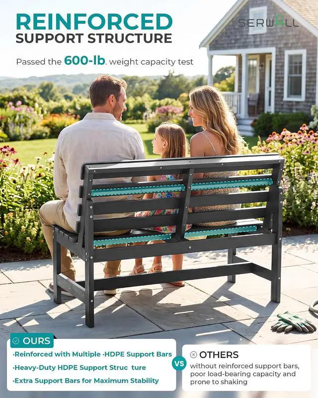 Alt view image 6 of 7 - Outdoor Bench, All Weather HDPE Outdoor Benches, 2-Person Armless Porch Bench with 600 lbs Weight Capacity, Patio Benches for Outdoors, Porch, Park and Dining, Grey
