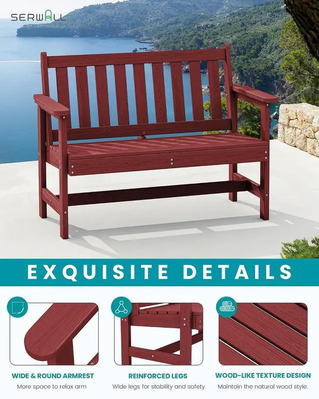 Alt view image 4 of 7 - Outdoor Bench, HDPE Outdoor Benches Weatherproof, 2-Person Garden Bench with 660 lbs Weight Capacity, Patio Benches for Outdoors, Garden, Porch, Backyard and Park, Red, 2 Pack