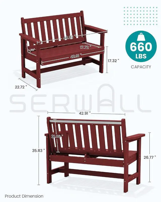 Alt view image 3 of 7 - Outdoor Bench, HDPE Outdoor Benches Weatherproof, 2-Person Garden Bench with 660 lbs Weight Capacity, Patio Benches for Outdoors, Garden, Porch, Backyard and Park, Red, 2 Pack