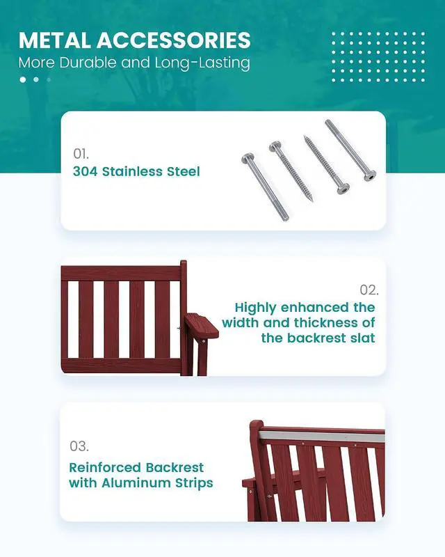 Alt view image 5 of 7 - Outdoor Bench, HDPE Outdoor Benches Weatherproof, 2-Person Garden Bench with 660 lbs Weight Capacity, Patio Benches for Outdoors, Garden, Porch, Backyard and Park, Red, 2 Pack