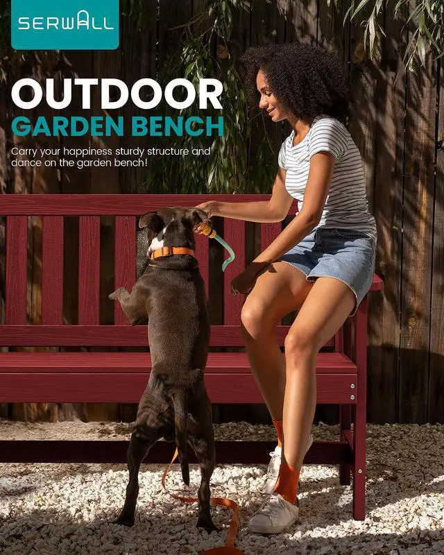 Alt view image 7 of 7 - Outdoor Bench, HDPE Outdoor Benches Weatherproof, 2-Person Garden Bench with 660 lbs Weight Capacity, Patio Benches for Outdoors, Garden, Porch, Backyard and Park, Red, 2 Pack