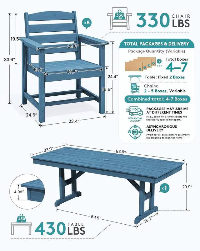 Alt view image 2 of 7 - 9 Piece Outdoor Dining Set, 84" HDPE Outdoor Table and Chairs for 8All Weather Patio Furniture Set with Umbrella Hole for Backyard, Garden, Blue