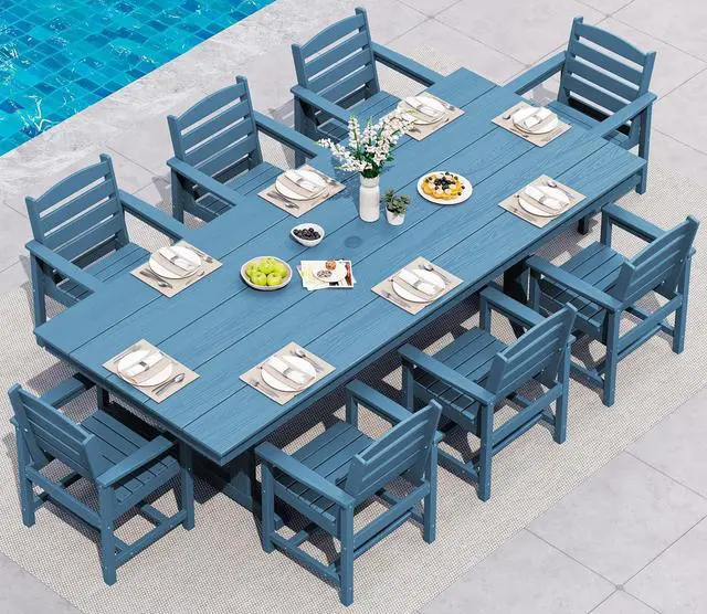 Main image of 9 Piece Outdoor Dining Set, 84" HDPE Outdoor Table and Chairs for 8All Weather Patio Furniture Set with Umbrella Hole for Backyard, Garden, Blue