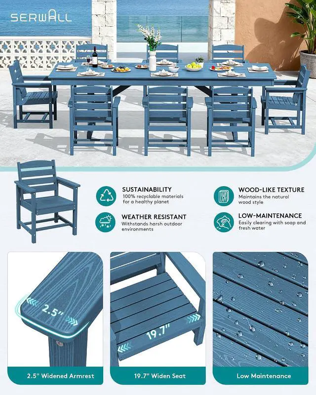 Alt view image 3 of 7 - 9 Piece Outdoor Dining Set, 84" HDPE Outdoor Table and Chairs for 8All Weather Patio Furniture Set with Umbrella Hole for Backyard, Garden, Blue