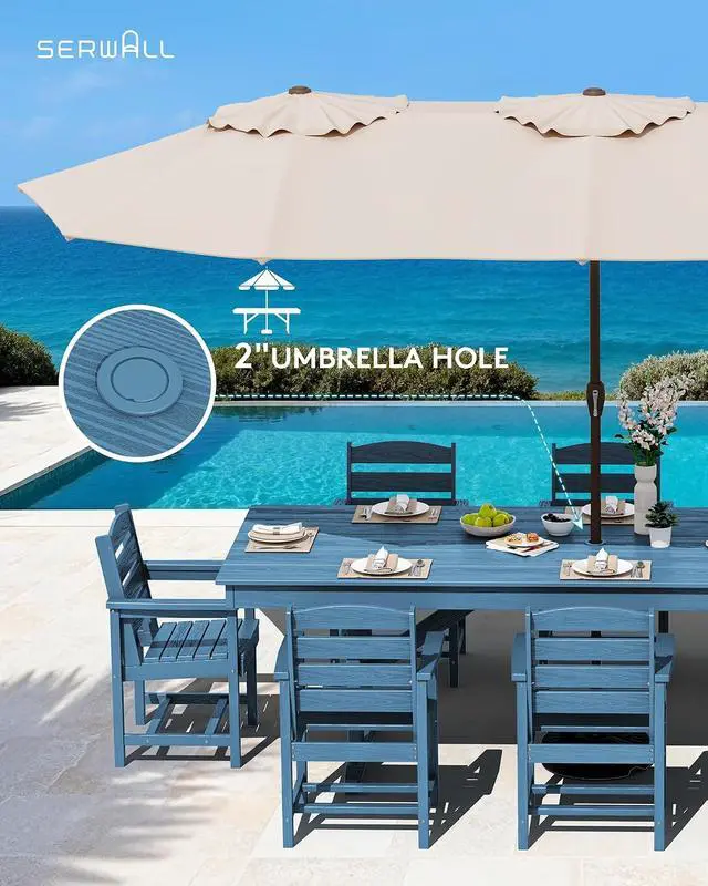 Alt view image 5 of 7 - 9 Piece Outdoor Dining Set, 84" HDPE Outdoor Table and Chairs for 8All Weather Patio Furniture Set with Umbrella Hole for Backyard, Garden, Blue