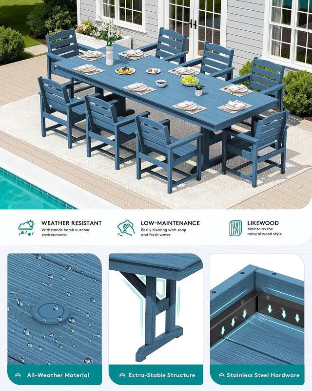 Alt view image 4 of 7 - 9 Piece Outdoor Dining Set, 84" HDPE Outdoor Table and Chairs for 8All Weather Patio Furniture Set with Umbrella Hole for Backyard, Garden, Blue