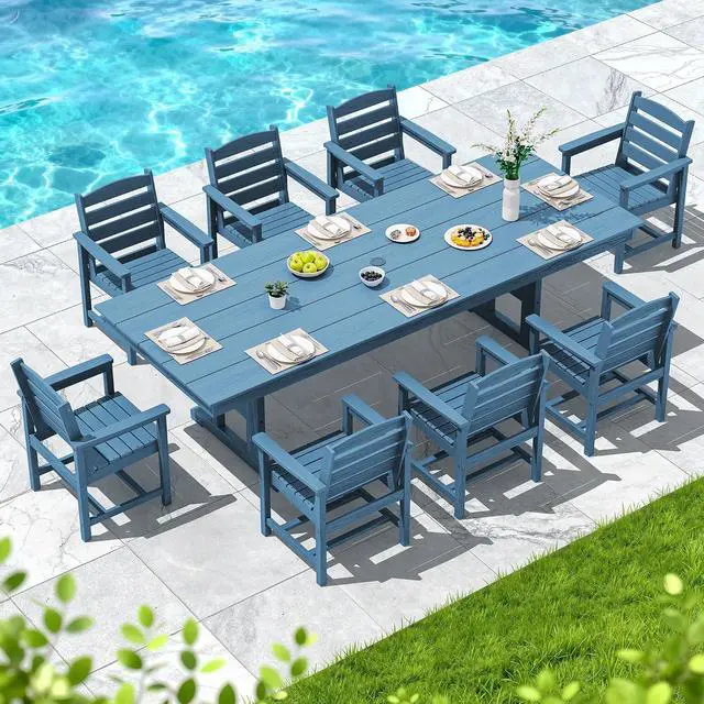 Alt view image 7 of 7 - 9 Piece Outdoor Dining Set, 84" HDPE Outdoor Table and Chairs for 8All Weather Patio Furniture Set with Umbrella Hole for Backyard, Garden, Blue