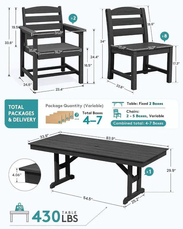 Alt view image 2 of 7 - 9 Piece Outdoor Dining Set, 84" HDPE Outdoor Table with 6 Armless Chairs and 2 Armchairs All Weather Patio Dining Furniture Set with Umbrella Hole for Backyard, Garden, Black