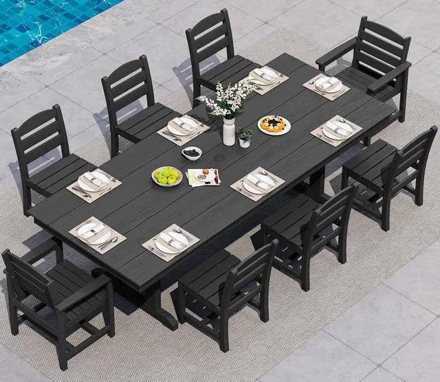 Main image of 9 Piece Outdoor Dining Set, 84" HDPE Outdoor Table with 6 Armless Chairs and 2 Armchairs All Weather Patio Dining Furniture Set with Umbrella Hole for Backyard, Garden, Black