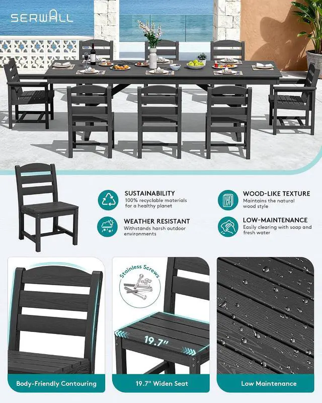 Alt view image 3 of 7 - 9 Piece Outdoor Dining Set, 84" HDPE Outdoor Table with 6 Armless Chairs and 2 Armchairs All Weather Patio Dining Furniture Set with Umbrella Hole for Backyard, Garden, Black