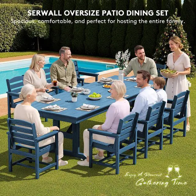 Alt view image 6 of 7 - 9 Piece Outdoor Dining Set, 84" HDPE Outdoor Table and Chairs for 8All Weather Patio Furniture Set with Umbrella Hole for Backyard, Garden, Blue