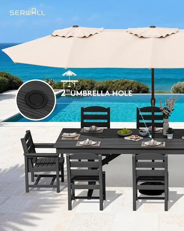 Alt view image 5 of 7 - 9 Piece Outdoor Dining Set, 84" HDPE Outdoor Table with 6 Armless Chairs and 2 Armchairs All Weather Patio Dining Furniture Set with Umbrella Hole for Backyard, Garden, Black