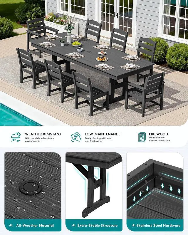 Alt view image 4 of 7 - 9 Piece Outdoor Dining Set, 84" HDPE Outdoor Table with 6 Armless Chairs and 2 Armchairs All Weather Patio Dining Furniture Set with Umbrella Hole for Backyard, Garden, Black