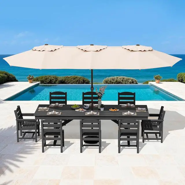 Alt view image 6 of 7 - 9 Piece Outdoor Dining Set, 84" HDPE Outdoor Table with 6 Armless Chairs and 2 Armchairs All Weather Patio Dining Furniture Set with Umbrella Hole for Backyard, Garden, Black