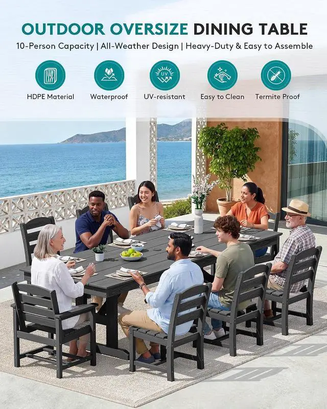 Alt view image 7 of 7 - 9 Piece Outdoor Dining Set, 84" HDPE Outdoor Table with 6 Armless Chairs and 2 Armchairs All Weather Patio Dining Furniture Set with Umbrella Hole for Backyard, Garden, Black