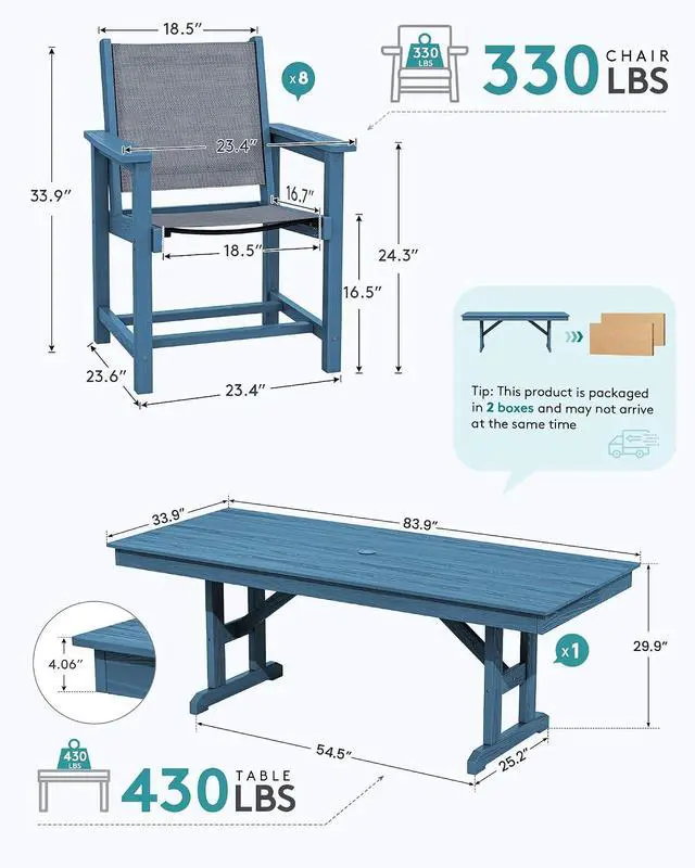 Alt view image 2 of 7 - 9 Piece Outdoor Dining Set, 84" HDPE Outdoor Large Table and Textilene Sling Chairs for 8All Weather Patio Dining Furniture Set with Umbrella Hole for Backyard, Garden, Blue