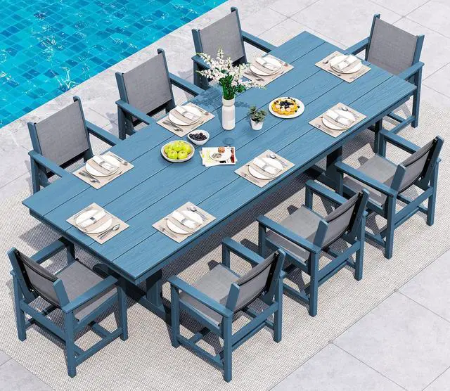 Main image of 9 Piece Outdoor Dining Set, 84" HDPE Outdoor Large Table and Textilene Sling Chairs for 8All Weather Patio Dining Furniture Set with Umbrella Hole for Backyard, Garden, Blue