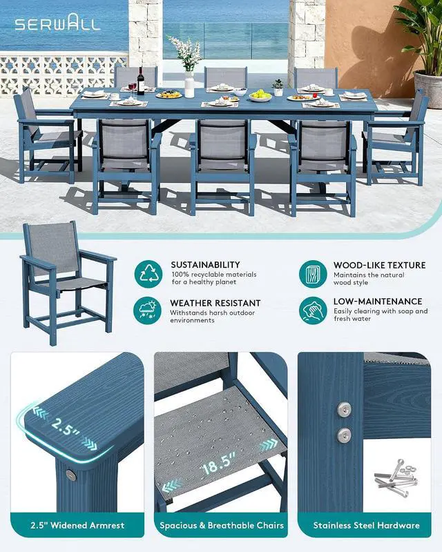Alt view image 3 of 7 - 9 Piece Outdoor Dining Set, 84" HDPE Outdoor Large Table and Textilene Sling Chairs for 8All Weather Patio Dining Furniture Set with Umbrella Hole for Backyard, Garden, Blue