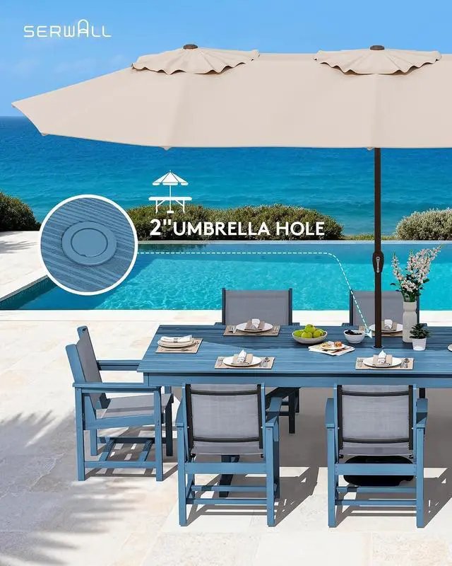 Alt view image 5 of 7 - 9 Piece Outdoor Dining Set, 84" HDPE Outdoor Large Table and Textilene Sling Chairs for 8All Weather Patio Dining Furniture Set with Umbrella Hole for Backyard, Garden, Blue