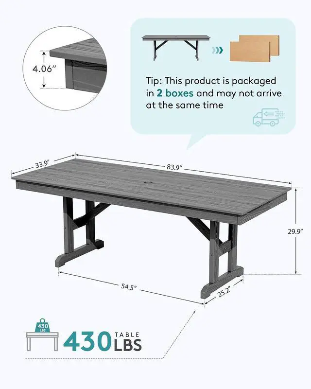 Alt view image 2 of 7 - Outdoor Dining Table, 84" Rectangular Dining Table for 6-8 Person, All Weather HDPE Outdoor Furniture for Backyard, Garden, Gray
