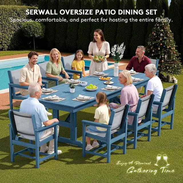 Alt view image 6 of 7 - 9 Piece Outdoor Dining Set, 84" HDPE Outdoor Large Table and Textilene Sling Chairs for 8All Weather Patio Dining Furniture Set with Umbrella Hole for Backyard, Garden, Blue