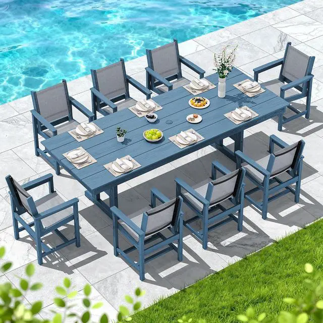 Alt view image 7 of 7 - 9 Piece Outdoor Dining Set, 84" HDPE Outdoor Large Table and Textilene Sling Chairs for 8All Weather Patio Dining Furniture Set with Umbrella Hole for Backyard, Garden, Blue