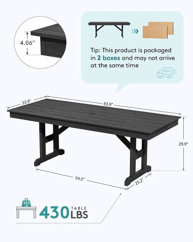 Alt view image 2 of 7 - Outdoor Dining Table, 84" Rectangular Dining Table for 6-8 Person, All Weather HDPE Outdoor Furniture for Backyard, Garden, Black