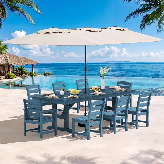 Main image of 10 Piece Outdoor Dining Set with 15ft Triple-Head Foldable Umbrella(Based not Included), 84" HDPE Outdoor Table and Armless Chairs Set for 8, Blue