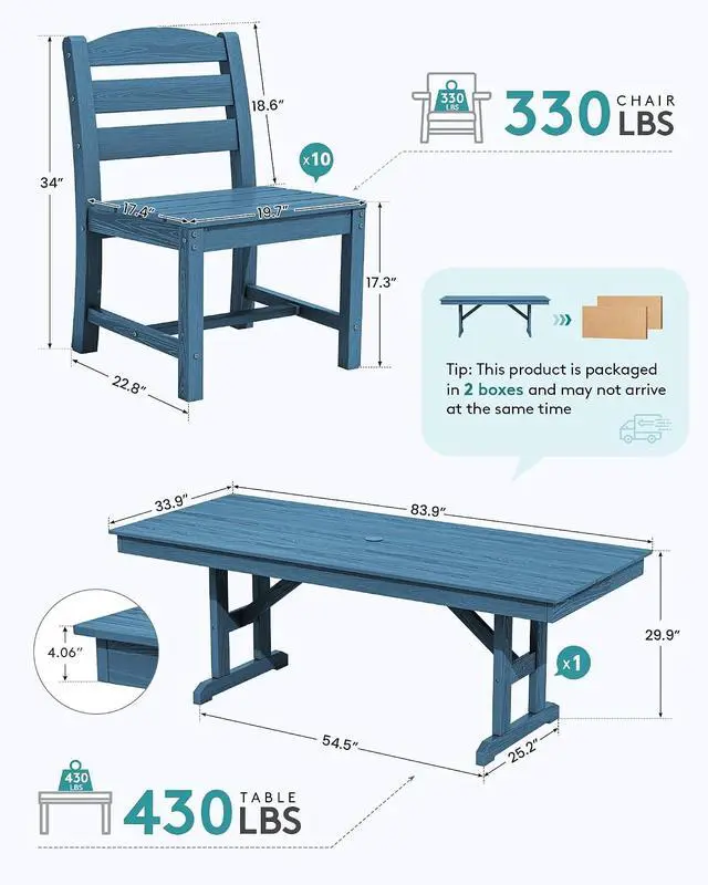 Alt view image 3 of 7 - 10 Piece Outdoor Dining Set with 15ft Triple-Head Foldable Umbrella(Based not Included), 84" HDPE Outdoor Table and Armless Chairs Set for 8, Blue