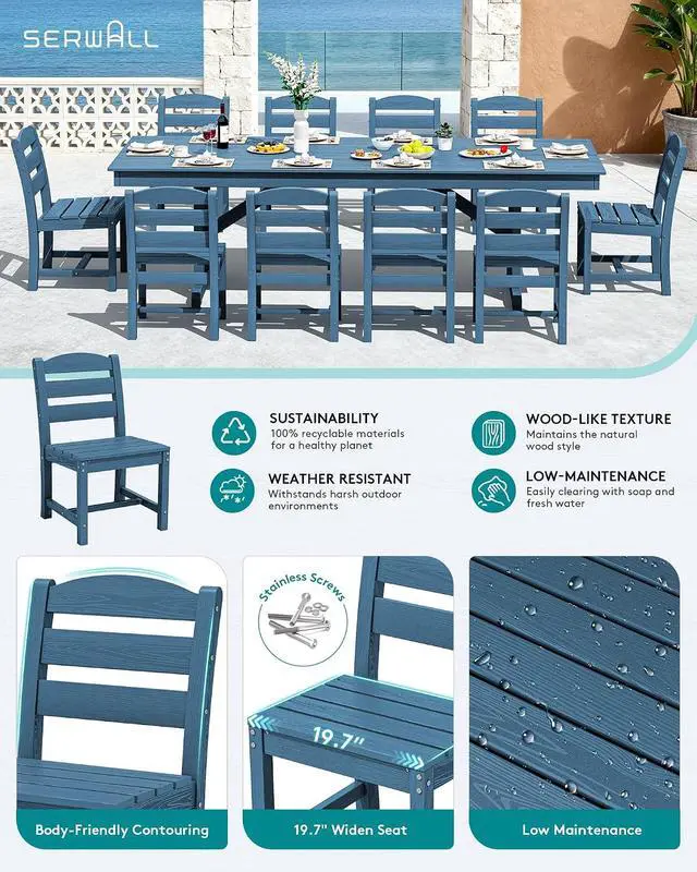 Alt view image 4 of 7 - 10 Piece Outdoor Dining Set with 15ft Triple-Head Foldable Umbrella(Based not Included), 84" HDPE Outdoor Table and Armless Chairs Set for 8, Blue