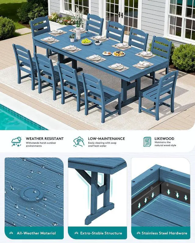 Alt view image 6 of 7 - 10 Piece Outdoor Dining Set with 15ft Triple-Head Foldable Umbrella(Based not Included), 84" HDPE Outdoor Table and Armless Chairs Set for 8, Blue