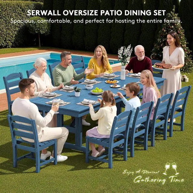 Alt view image 5 of 7 - 10 Piece Outdoor Dining Set with 15ft Triple-Head Foldable Umbrella(Based not Included), 84" HDPE Outdoor Table and Armless Chairs Set for 8, Blue
