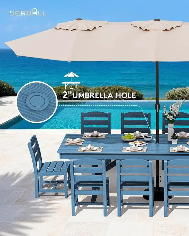 Alt view image 7 of 7 - 10 Piece Outdoor Dining Set with 15ft Triple-Head Foldable Umbrella(Based not Included), 84" HDPE Outdoor Table and Armless Chairs Set for 8, Blue