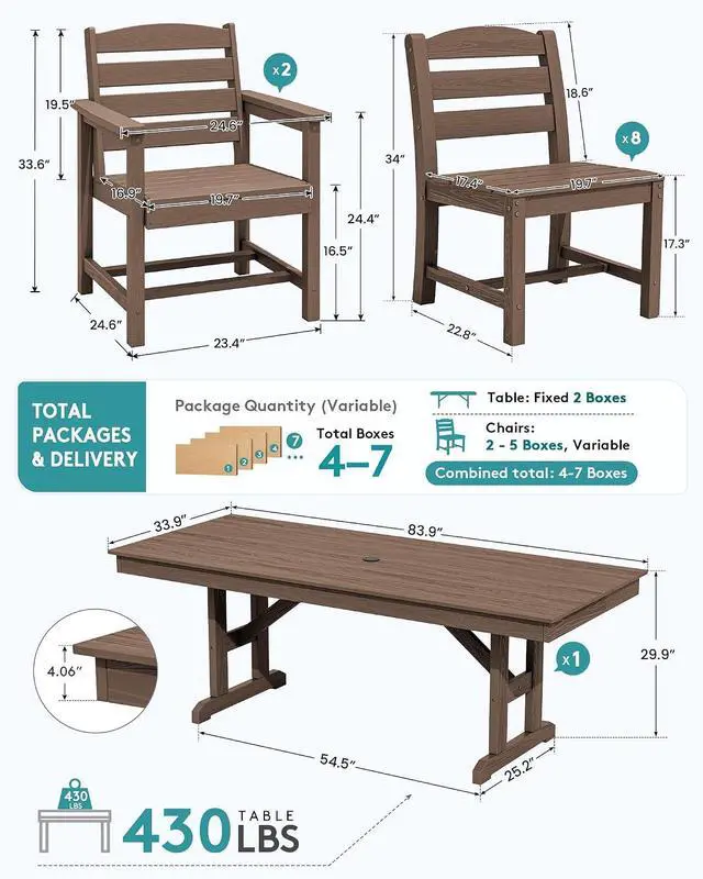 Alt view image 2 of 7 - 9 Piece Outdoor Dining Set, 84" HDPE Outdoor Table with 6 Armless Chairs and 2 Armchairs All Weather Patio Dining Furniture Set with Umbrella Hole for Backyard, Garden, Brown