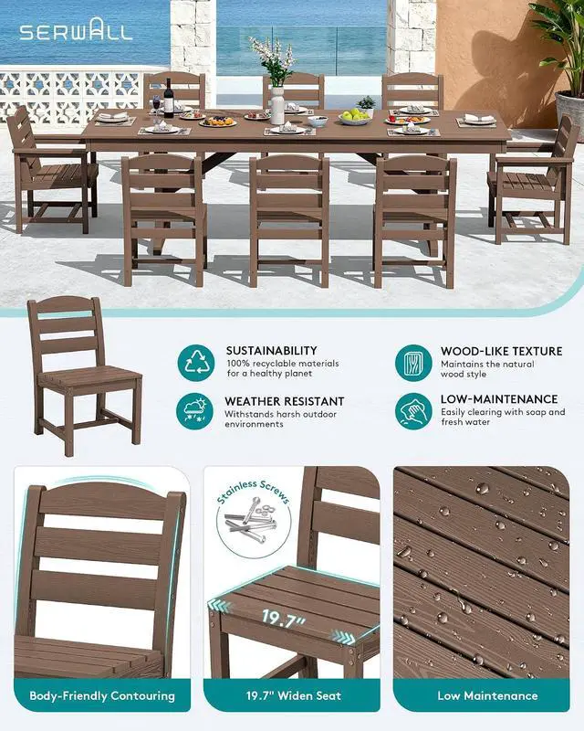 Alt view image 3 of 7 - 9 Piece Outdoor Dining Set, 84" HDPE Outdoor Table with 6 Armless Chairs and 2 Armchairs All Weather Patio Dining Furniture Set with Umbrella Hole for Backyard, Garden, Brown
