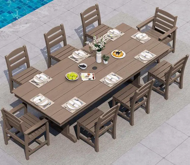 Main image of 9 Piece Outdoor Dining Set, 84" HDPE Outdoor Table with 6 Armless Chairs and 2 Armchairs All Weather Patio Dining Furniture Set with Umbrella Hole for Backyard, Garden, Brown