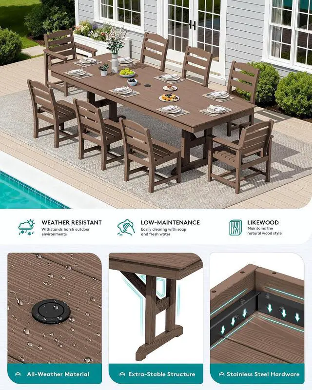 Alt view image 4 of 7 - 9 Piece Outdoor Dining Set, 84" HDPE Outdoor Table with 6 Armless Chairs and 2 Armchairs All Weather Patio Dining Furniture Set with Umbrella Hole for Backyard, Garden, Brown