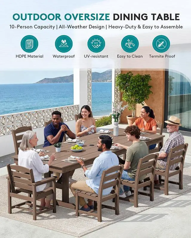 Alt view image 7 of 7 - 9 Piece Outdoor Dining Set, 84" HDPE Outdoor Table with 6 Armless Chairs and 2 Armchairs All Weather Patio Dining Furniture Set with Umbrella Hole for Backyard, Garden, Brown