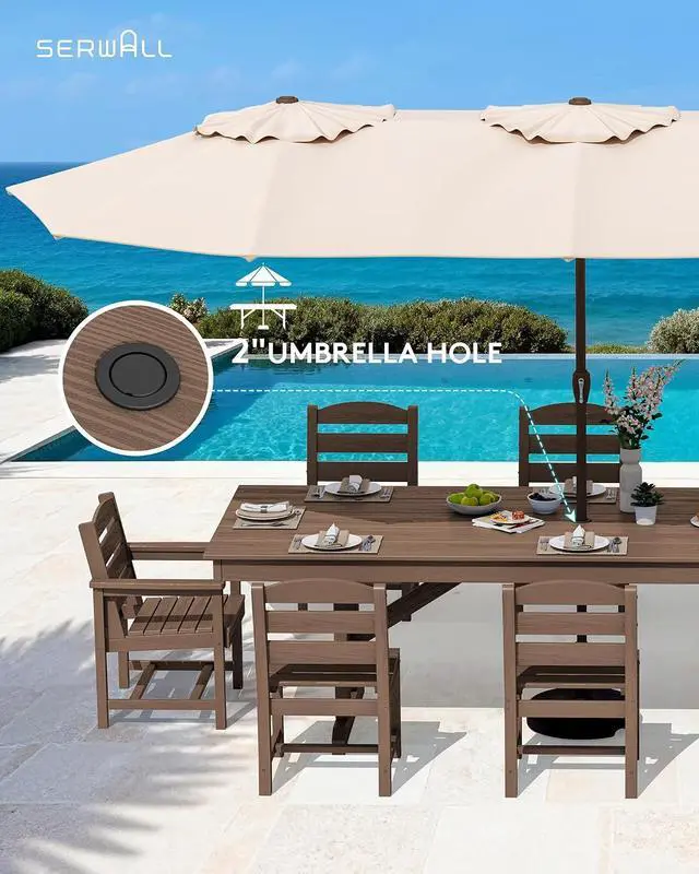 Alt view image 5 of 7 - 9 Piece Outdoor Dining Set, 84" HDPE Outdoor Table with 6 Armless Chairs and 2 Armchairs All Weather Patio Dining Furniture Set with Umbrella Hole for Backyard, Garden, Brown