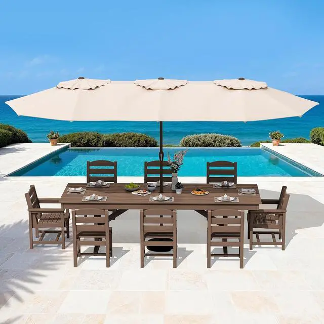 Alt view image 6 of 7 - 9 Piece Outdoor Dining Set, 84" HDPE Outdoor Table with 6 Armless Chairs and 2 Armchairs All Weather Patio Dining Furniture Set with Umbrella Hole for Backyard, Garden, Brown