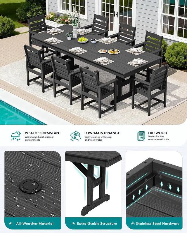 Alt view image 5 of 7 - 10 Piece Outdoor Dining Set with 15ft Triple-Head Foldable Umbrella(Based not Included), 84" HDPE Outdoor Table and Chairs for 8, Black