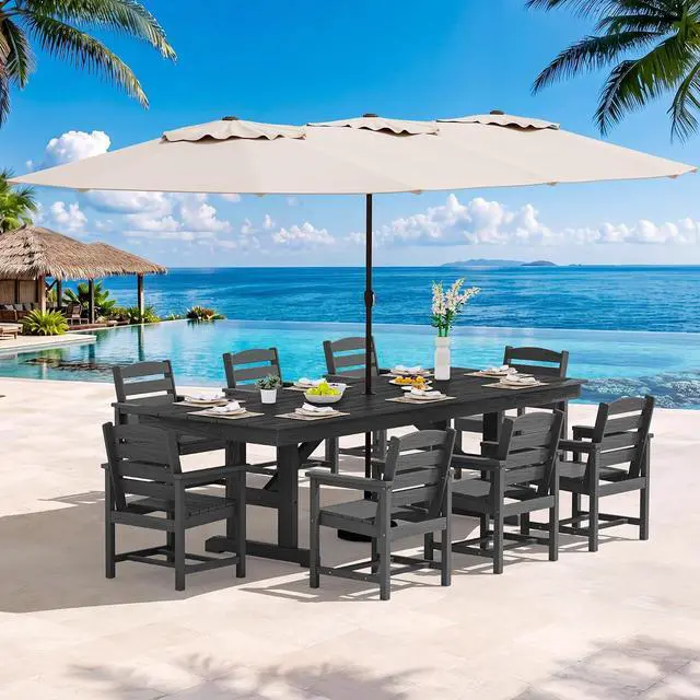 Main image of 10 Piece Outdoor Dining Set with 15ft Triple-Head Foldable Umbrella(Based not Included), 84" HDPE Outdoor Table and Chairs for 8, Black