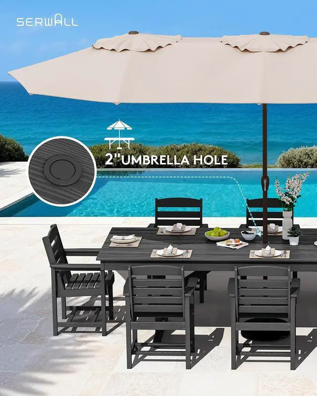 Alt view image 4 of 7 - 10 Piece Outdoor Dining Set with 15ft Triple-Head Foldable Umbrella(Based not Included), 84" HDPE Outdoor Table and Chairs for 8, Black