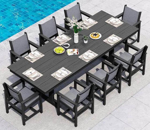 Main image of 9 Piece Outdoor Dining Set, 84" HDPE Outdoor Large Table and Textilene Sling Chairs for 8All Weather Patio Dining Furniture Set with Umbrella Hole for Backyard, Garden, Black