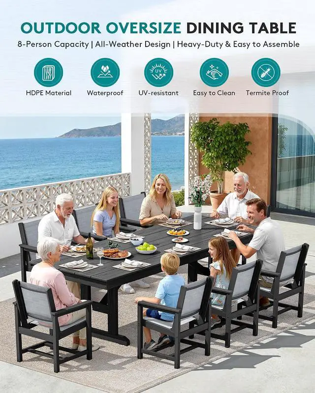 Alt view image 6 of 7 - 9 Piece Outdoor Dining Set, 84" HDPE Outdoor Large Table and Textilene Sling Chairs for 8All Weather Patio Dining Furniture Set with Umbrella Hole for Backyard, Garden, Black