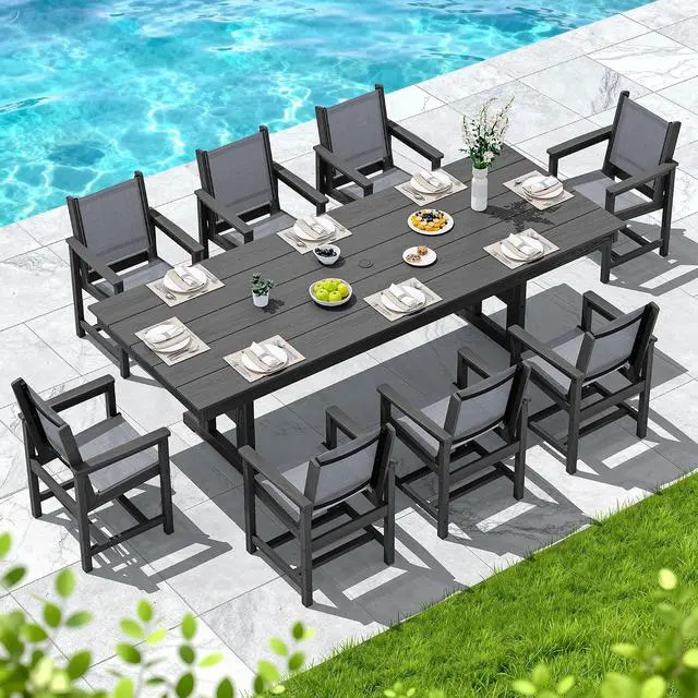 Alt view image 7 of 7 - 9 Piece Outdoor Dining Set, 84" HDPE Outdoor Large Table and Textilene Sling Chairs for 8All Weather Patio Dining Furniture Set with Umbrella Hole for Backyard, Garden, Black