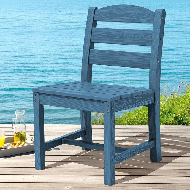 Alt view image 6 of 7 - Outdoor Armless Dining Chairs Set of 4, All-Weather HDPE Patio Dining Chairs with 19.7" Widened Seat and Curved Backrest for Backyard, Garden, Blue