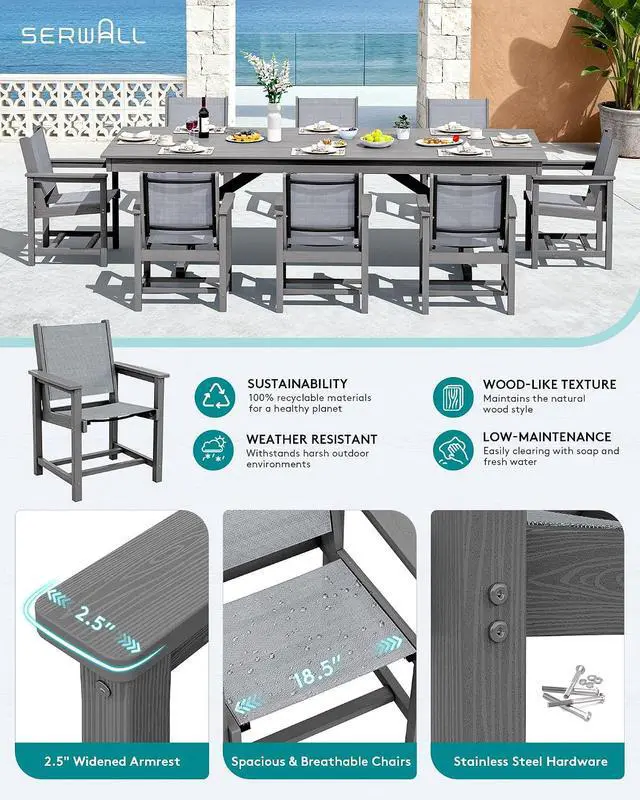 Alt view image 3 of 7 - Outdoor Dining Chairs Set of 2, All-Weather HDPE Textilene Sling Dining Chair for Backyard, Garden, Gray