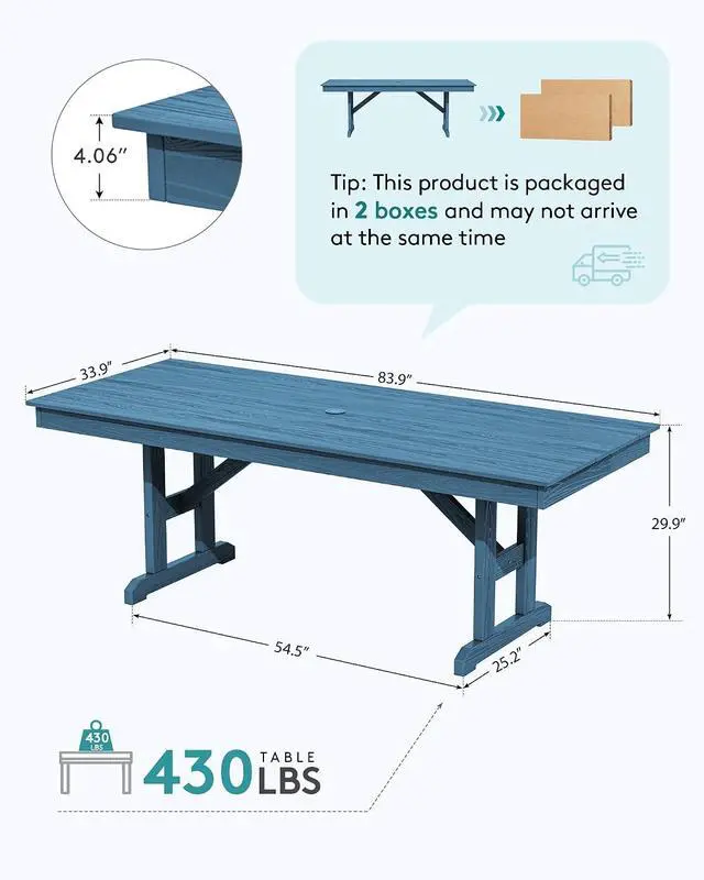 Alt view image 2 of 7 - Outdoor Dining Table, 84" Rectangular Dining Table for 6-8 Person, All Weather HDPE Outdoor Furniture for Backyard, Garden, Blue